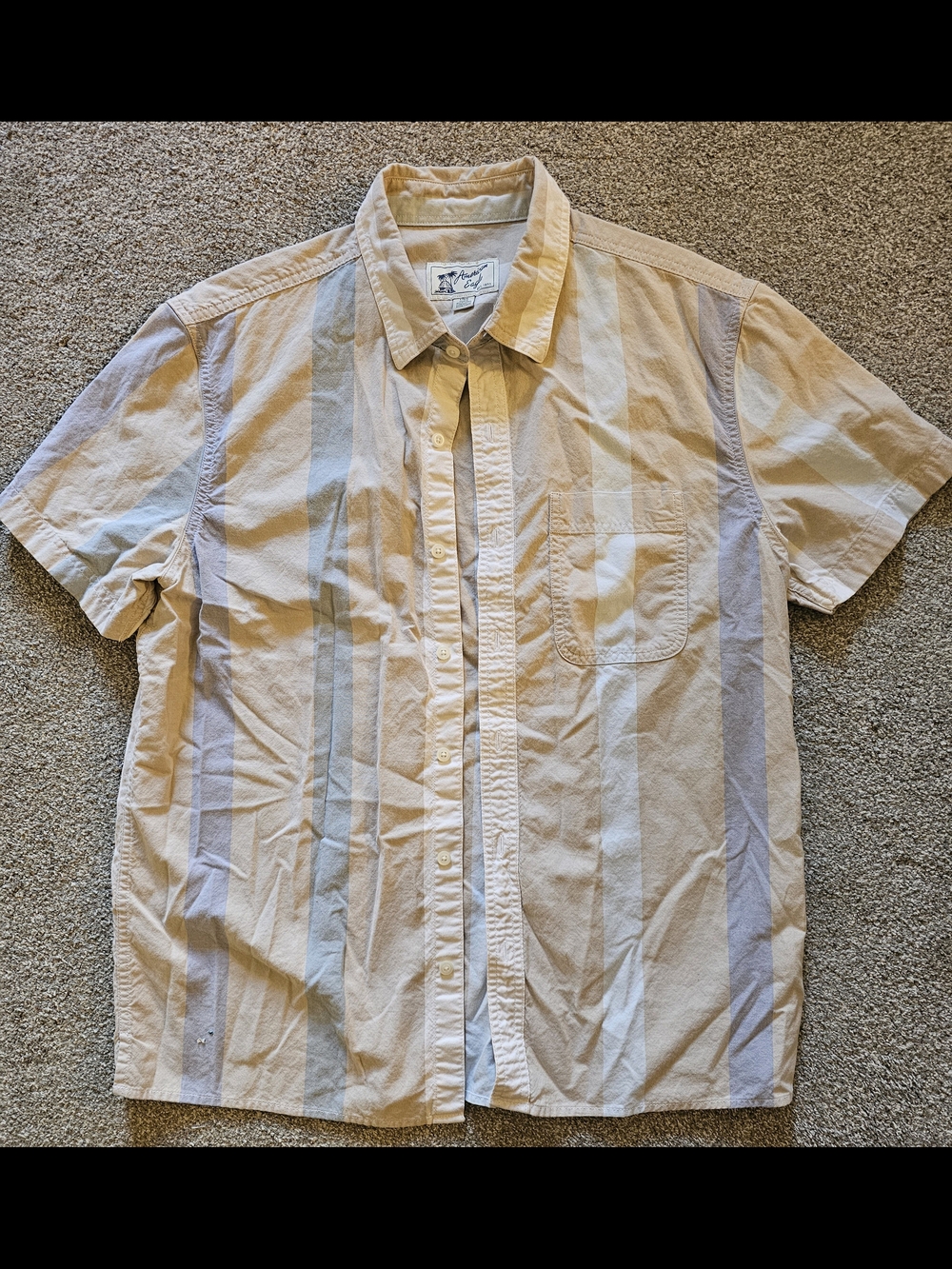 American Eagle Outfitters Beige and Light Blue Striped Short-Sleeve Button-Down